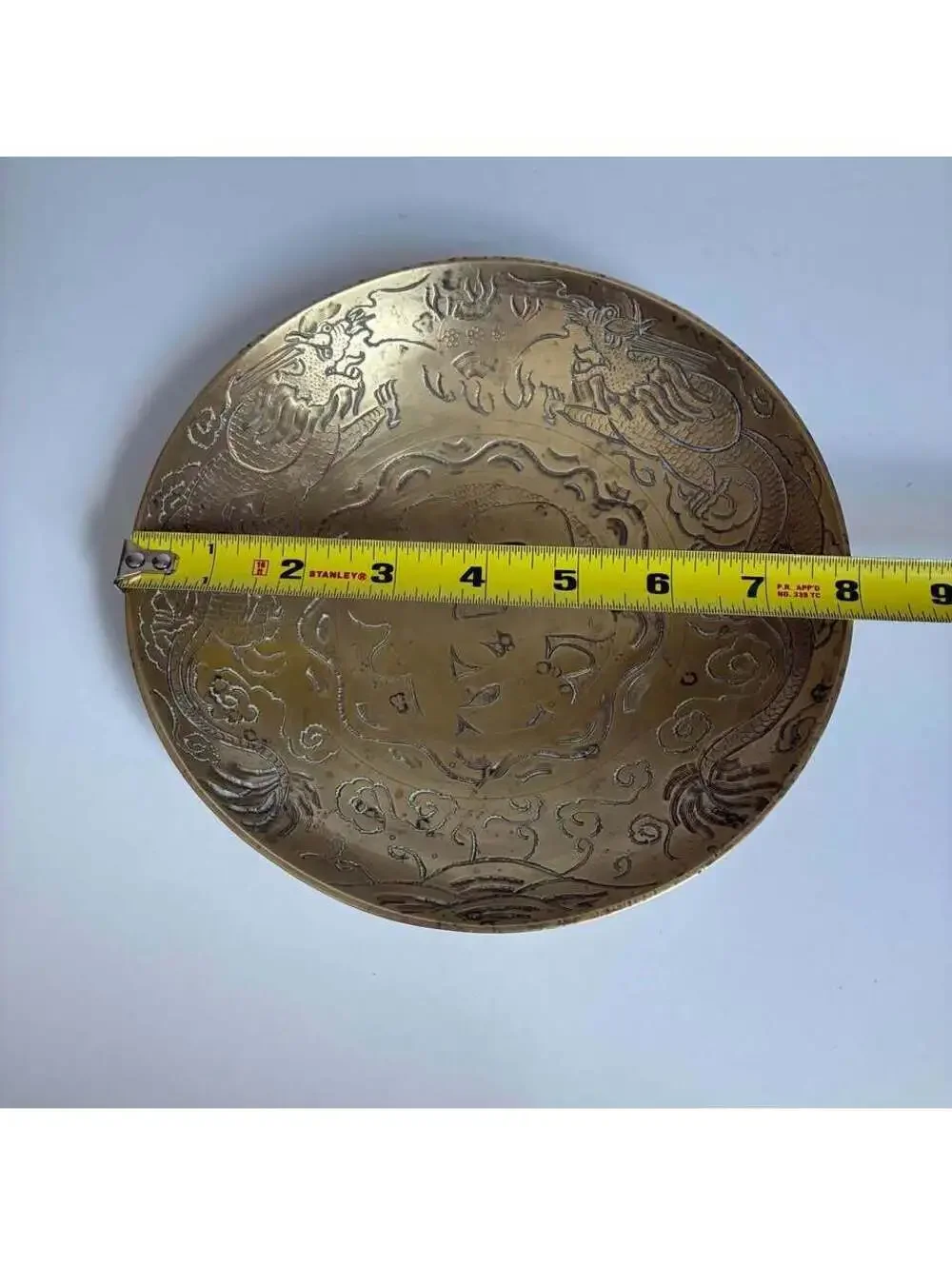 Vintage Chinese Hand Engraved Brass Plate Dish Dragon Good Fortune Decor Tray